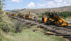 A seemingly endless stream of equipment lines up east of my location just north of the tracks near Parshall, CO (five miles east of the "Troublesome" railroad siding).  I spent about an hour and a half here observing how an agressive tie replacement project works.  Half the ties (every other one) were to be replaced.  CRW 2622a